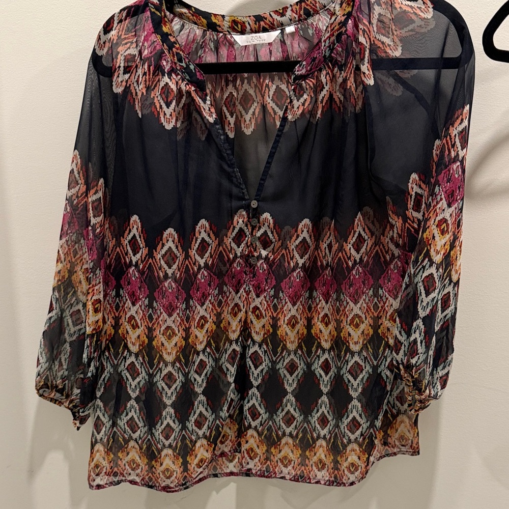 Zoa Sheer Blouse with Pink and Orange Patterns size Small